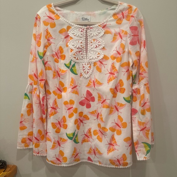 Lilly Pulitzer Women's Butterfly Blouse Flare Sleeves Crochet Trim Fairy Sz S - Picture 3 of 12